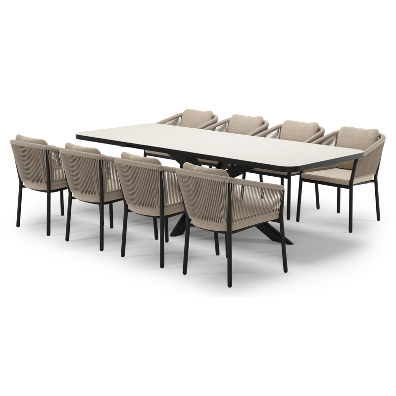Estella verlengbare tuinset rechthoekig in zwart aluminium en sintered stone Crema minerale met 8 Gerona tuinstoelen