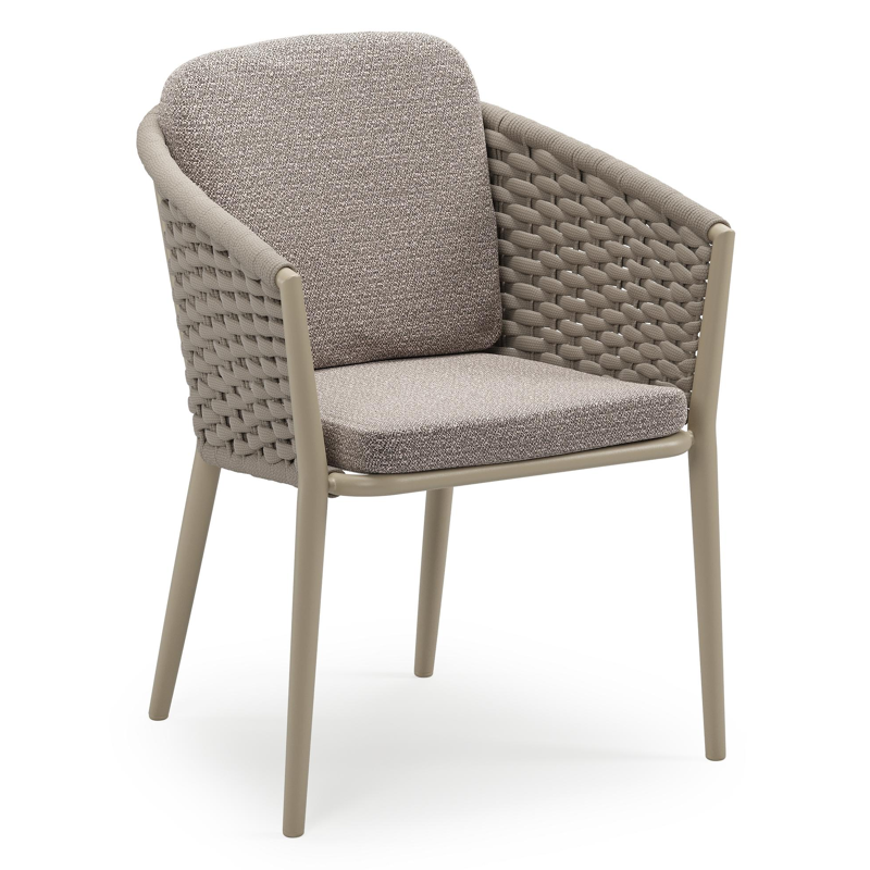 Orso stapelbare tuinstoel in beige aluminium en beige horizontaal geweven ronde rope met stoelkussen in All Weather Sunbrella® Luxe Wander Granite