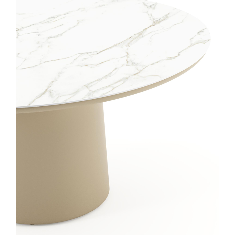 Table de jardin Amico rond en aluminium beige et céramique pleine Calacatta - Diam. 148 x Haut. 73.5 cm