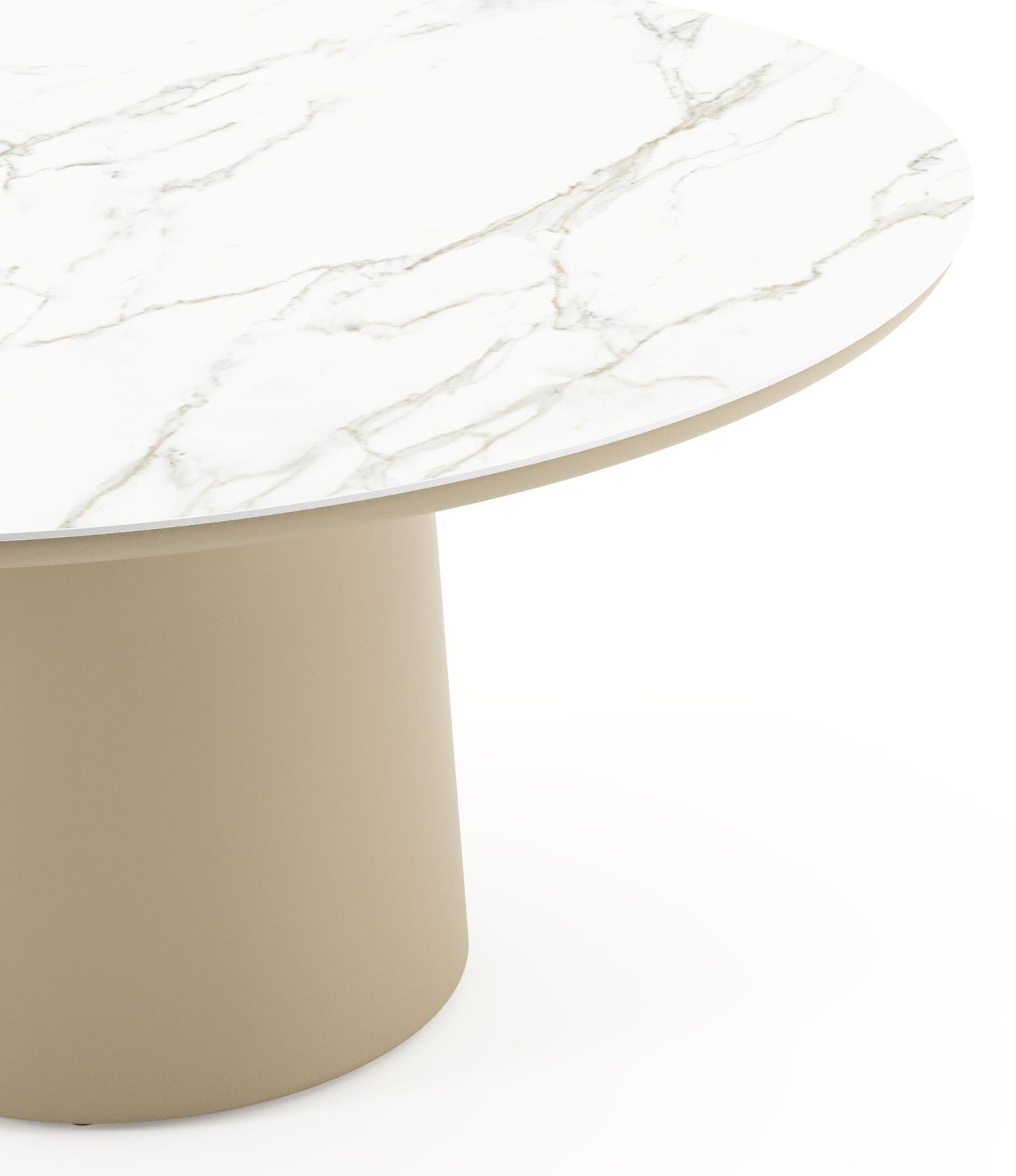 Table de jardin Amico rond en aluminium beige et céramique pleine Calacatta - Diam. 148 x Haut. 74 cm