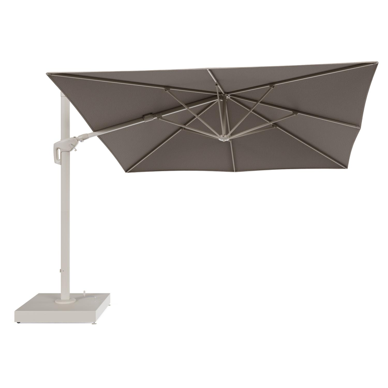 Minore zweefparasol met tiltfunctie in beige aluminium en Firenze Earth All Weather Solica parasoldoek - L1 350 x L2 350 cm met parasolvoet Minore 260 kg met wielen