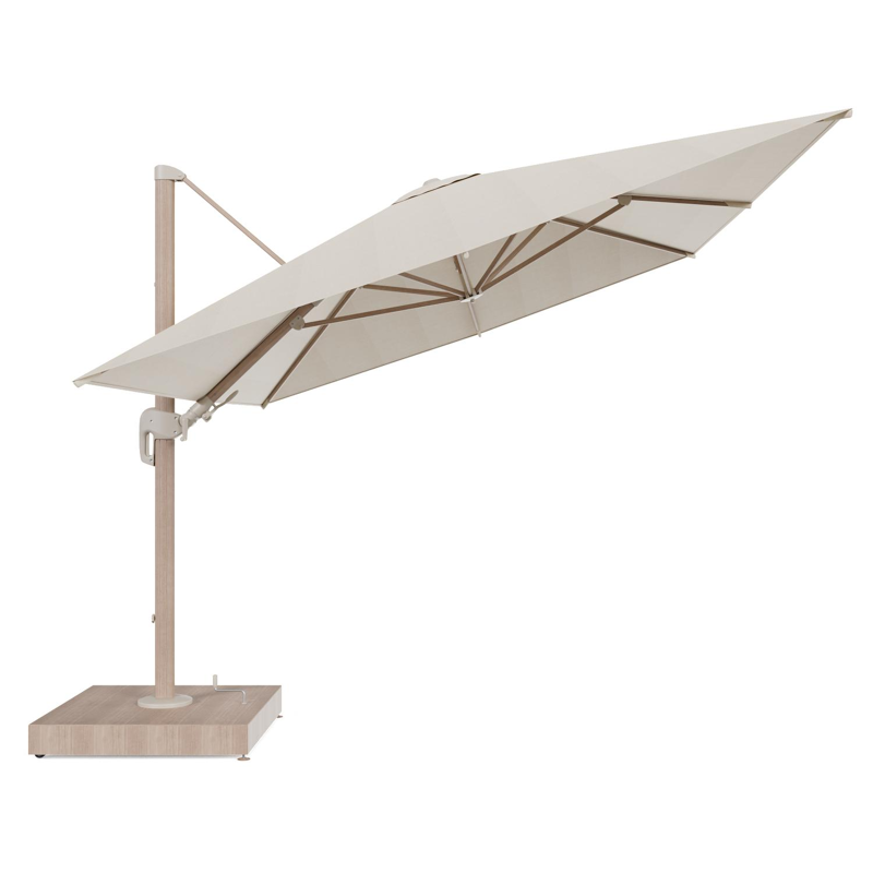 Rufina zweefparasol met tiltfunctie in houtlook aluminium en beige All Weather Sunbrella® Premium parasoldoek - L1 400 x L2 300 cm met parasolvoet Minore 260 kg met wielen