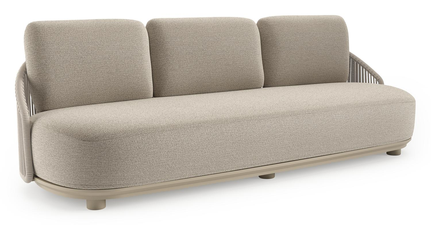 Canapé de jardin Vadelo en aluminium beige et corde ronde tissée verticalement beige et coussins en all weather cosytica catania greige