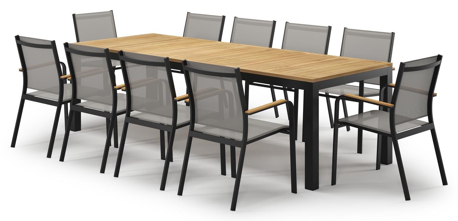 Varese tuinset in zwart aluminium en naturel teak tafelblad met 10 stapelbare Amalfi tuinstoelen