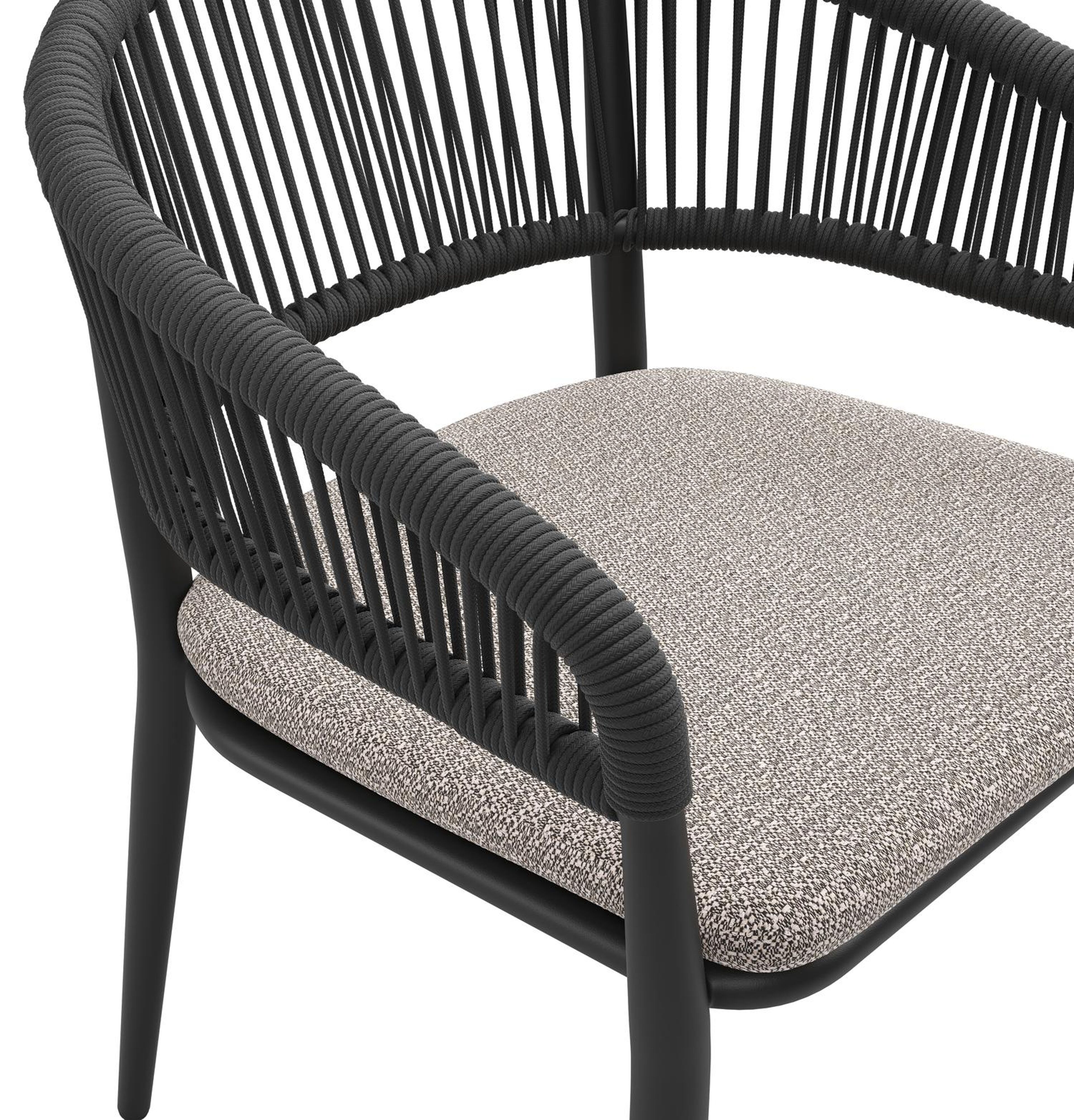Tolfa stapelbare tuinstoel in zwart aluminium en zwart verticaal geweven ronde rope met stoelkussen in All Weather Sunbrella® Luxe Wander Granite