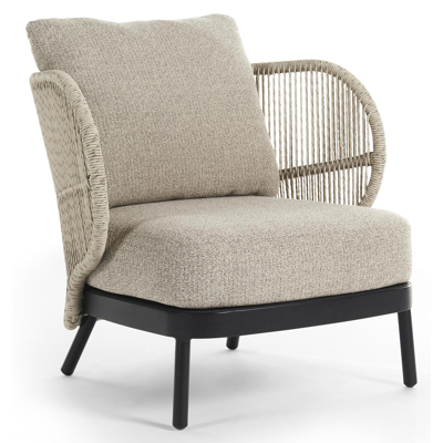 Lugano loungestoel 1-zit in zwart aluminium en beige gedraaide ronde wicker met catania beige All Weather Cosytica kussen