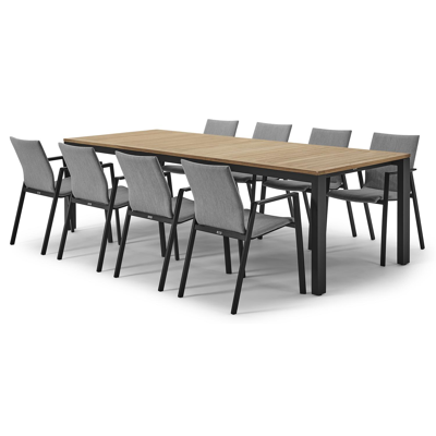 Ensemble de jardin Trente en aluminium noir avec plateau de table en teck Naturel et 8 chaises de jardin empilables Madura