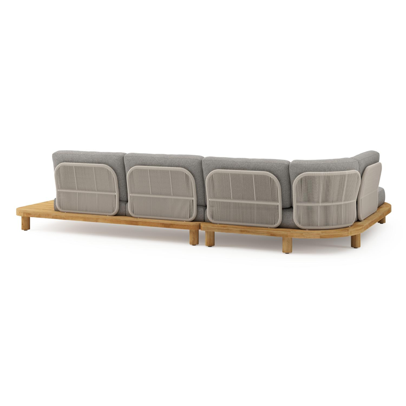 Salon de jardin d'angle Donato en teck et corde ronde tissée verticalement beige et coussins en all weather sunbrella® luxe Tundra Charcoal