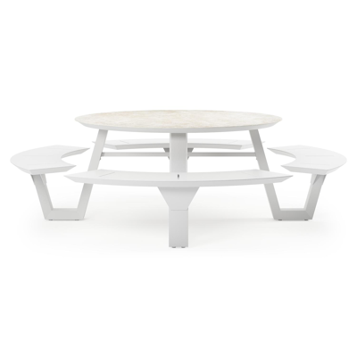 Rondino picknicktafel rond in wit aluminium en volkeramiek Rapolano dia. 148 cm