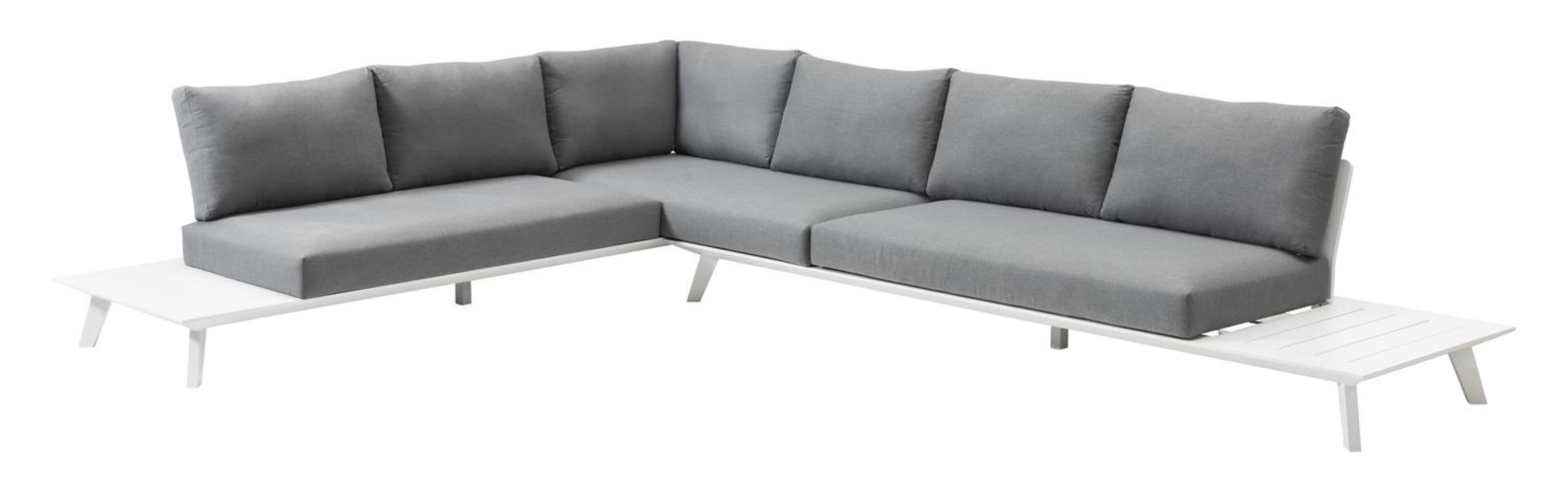 Salon de jardin d'angle Puglia en aluminium blanc avec coussins en weather+ softtouch gris