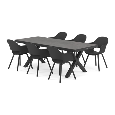 Reza tuinset in zwart aluminium en grijs volkeramiek tafelblad met 6 Artena tuinstoelen