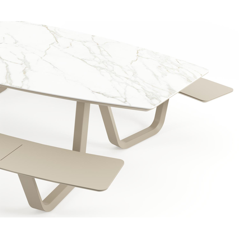 Forno picknicktafel bootvorm in beige aluminium en volkeramiek Calacatta - L 280 x B 192 x H 72 cm