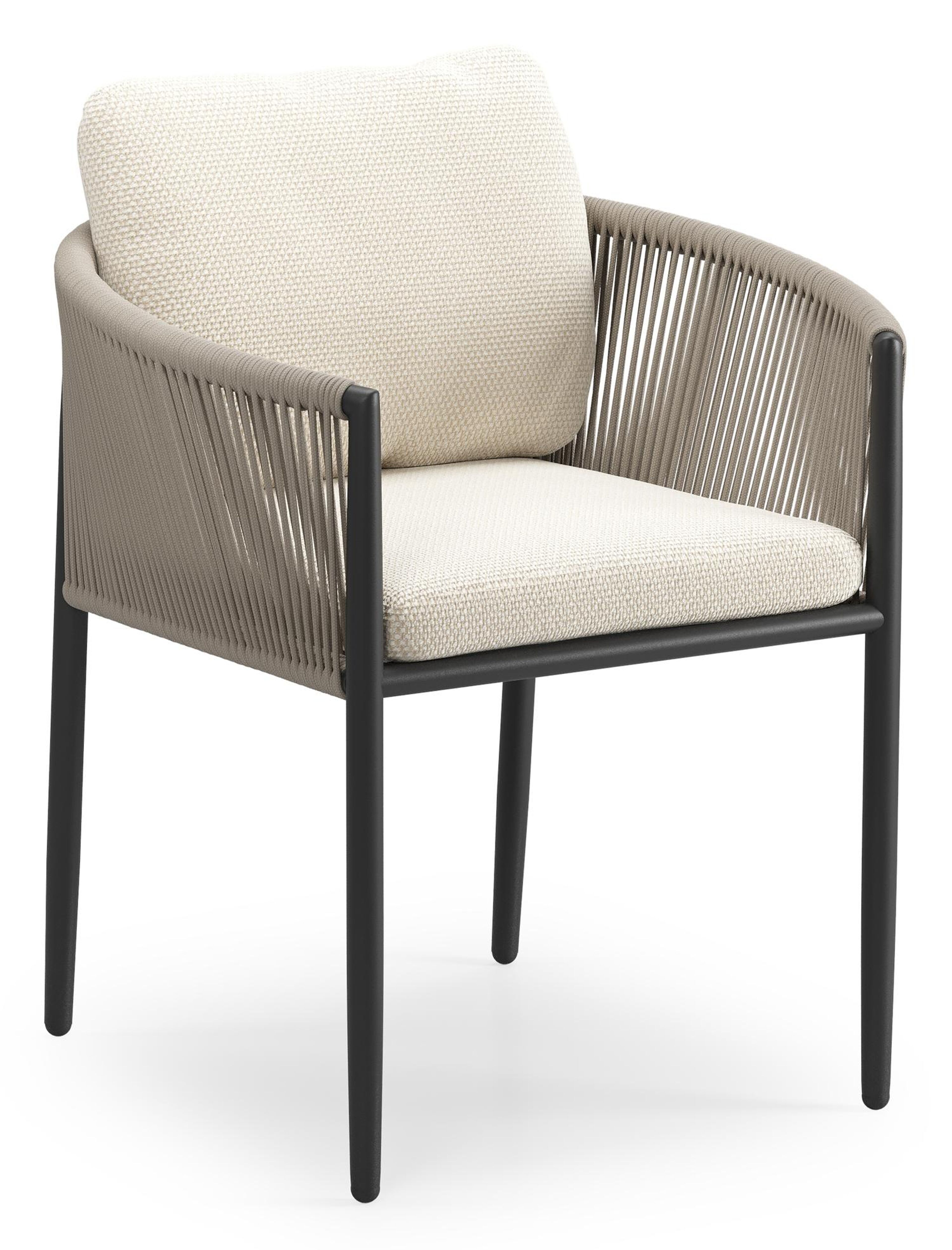 Organo tuinstoel in zwart aluminium en zwart verticaal geweven ronde rope met stoelkussen in All Weather Cosytica Althea Off White