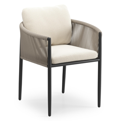 Organo tuinstoel in zwart aluminium en zwart verticaal geweven luxe vlakke rope met stoelkussen in All Weather Cosytica Althea Off White