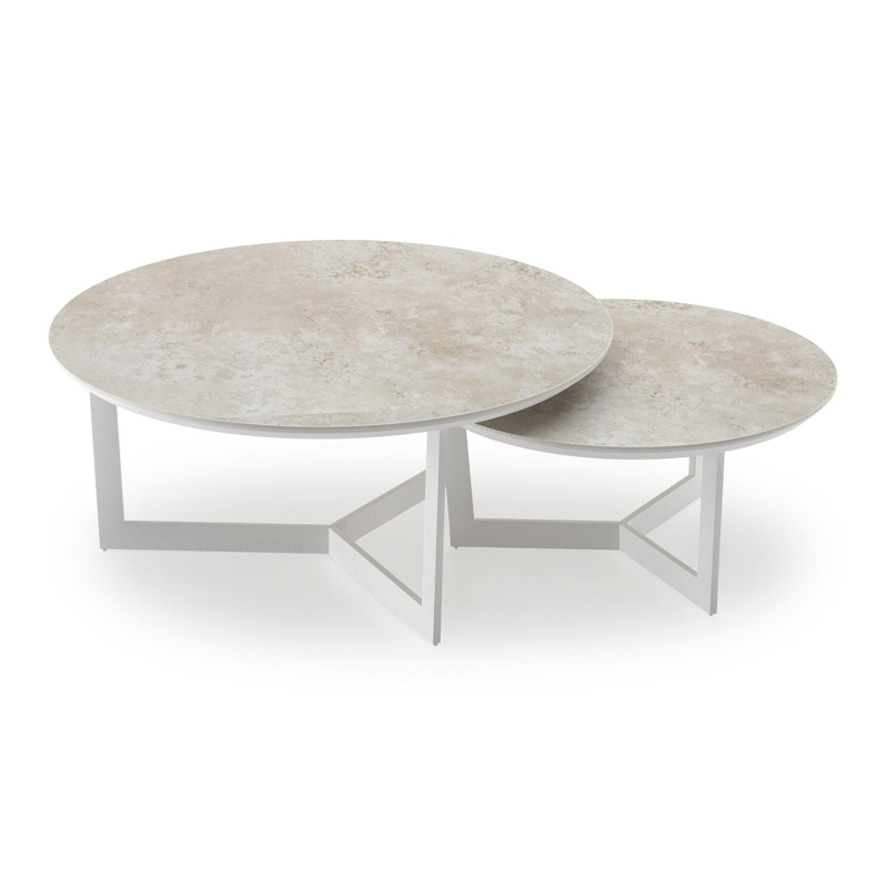 Lacrima set van 2 loungetafels rond in wit aluminium en volkeramiek Rapolano - Dia. 85/65 x H 35/30 cm