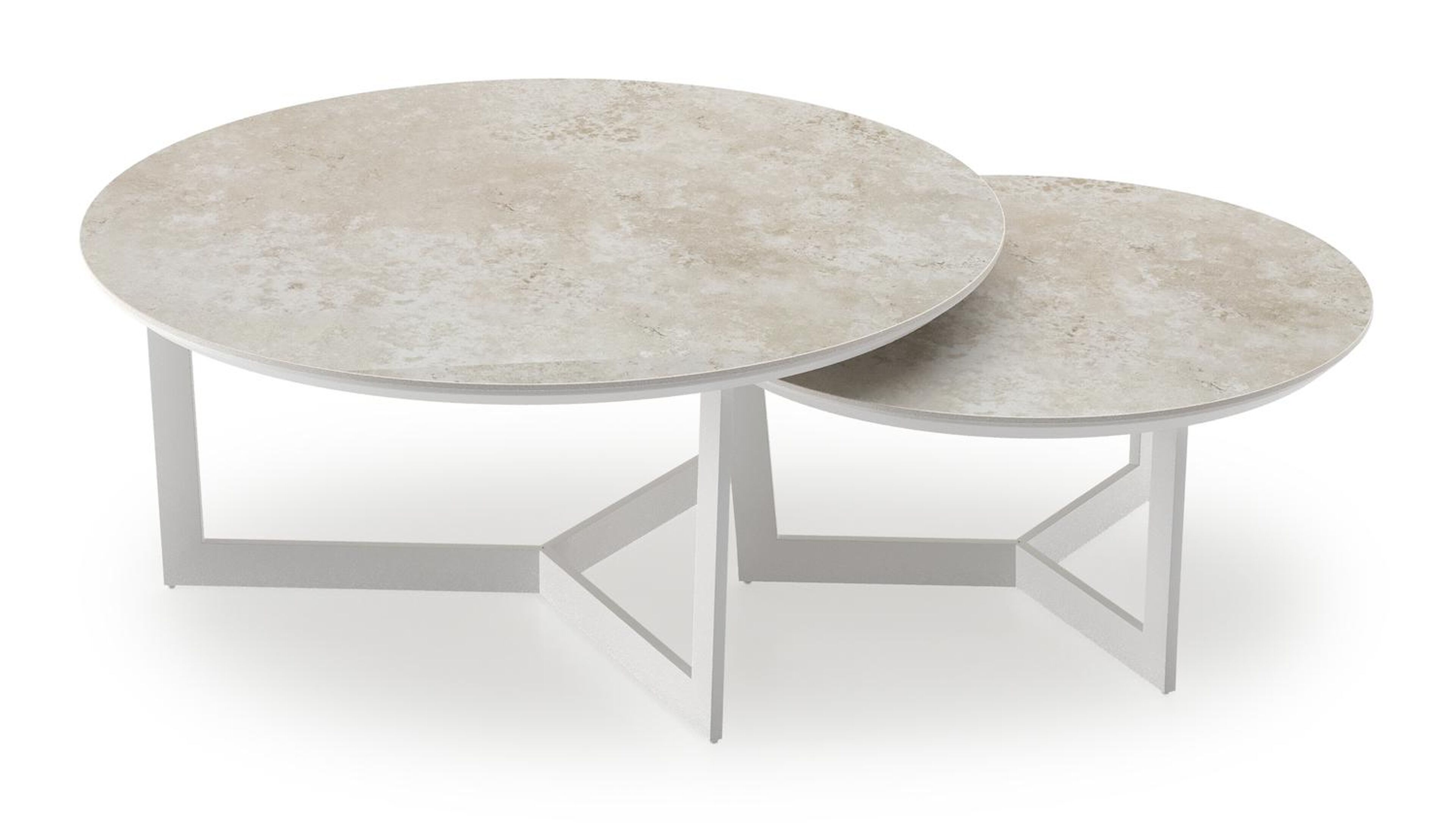 Lacrima set van 2 loungetafels rond in wit aluminium en volkeramiek Rapolano - Dia. 85/65 x H 35/30 cm
