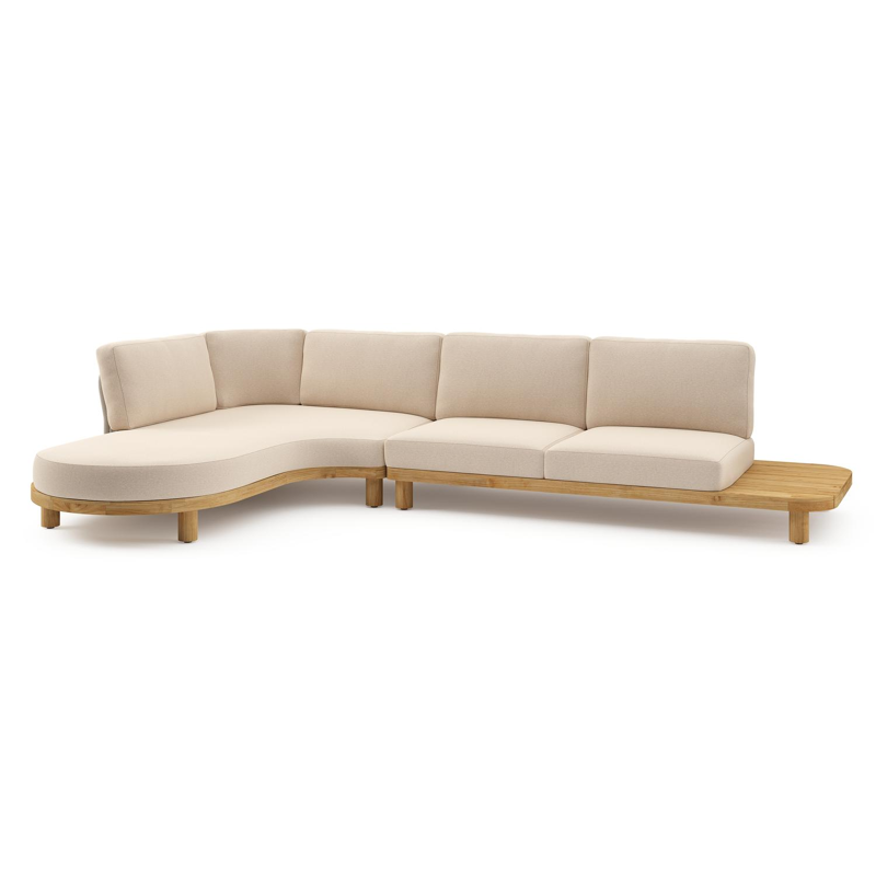 Donato loungehoek in teak en beige verticaal geweven ronde rope met all weather sunbrella® luxe Heritage Papyrus kussen