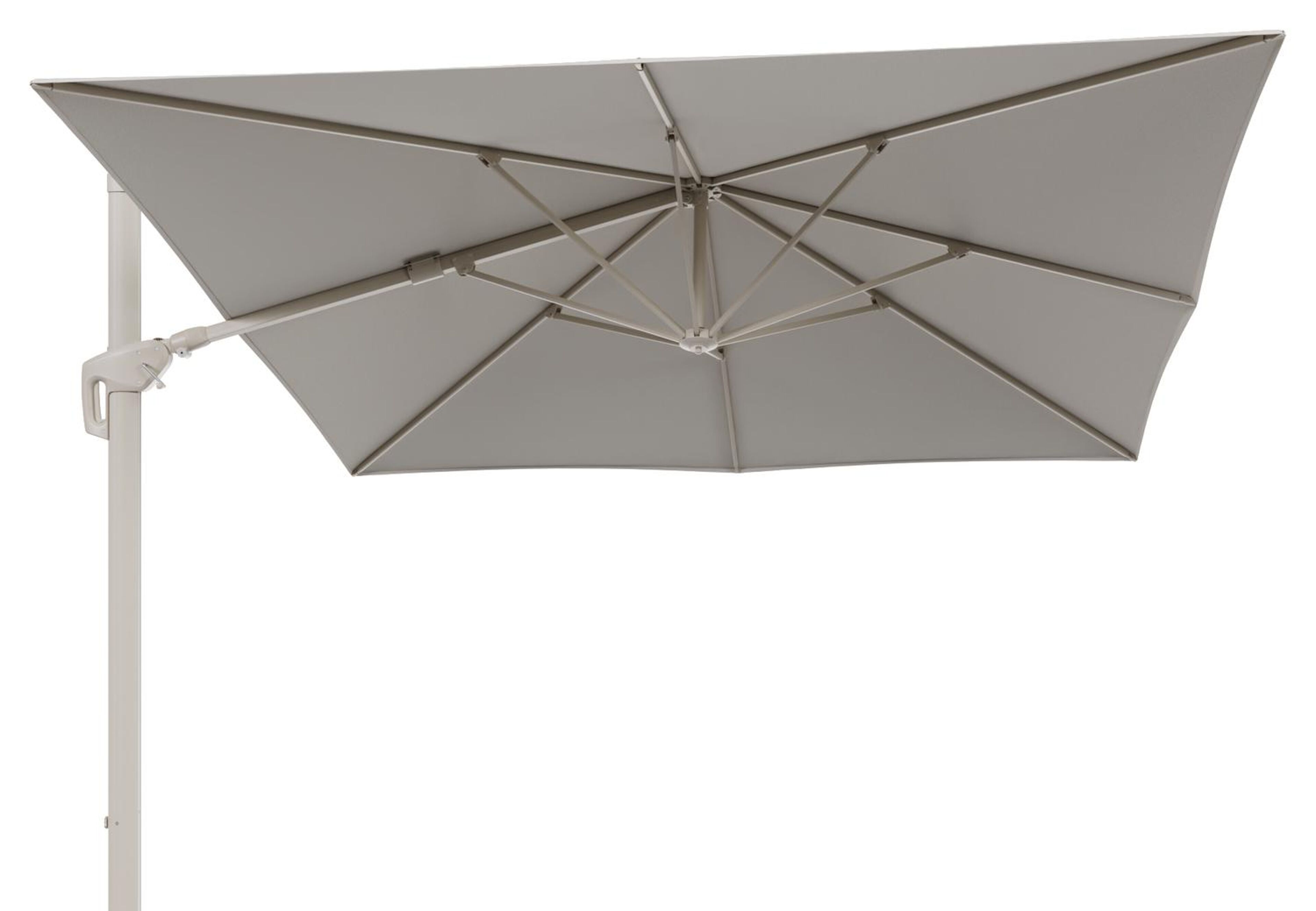 Parasol pendant Minore avec fonction tilt en aluminium beige et toile de parasol All Weather Sunbrella® Luxe Lopi Marble - Lg.1: 350 x Lg.2: 350 cm (sans pied de parasol