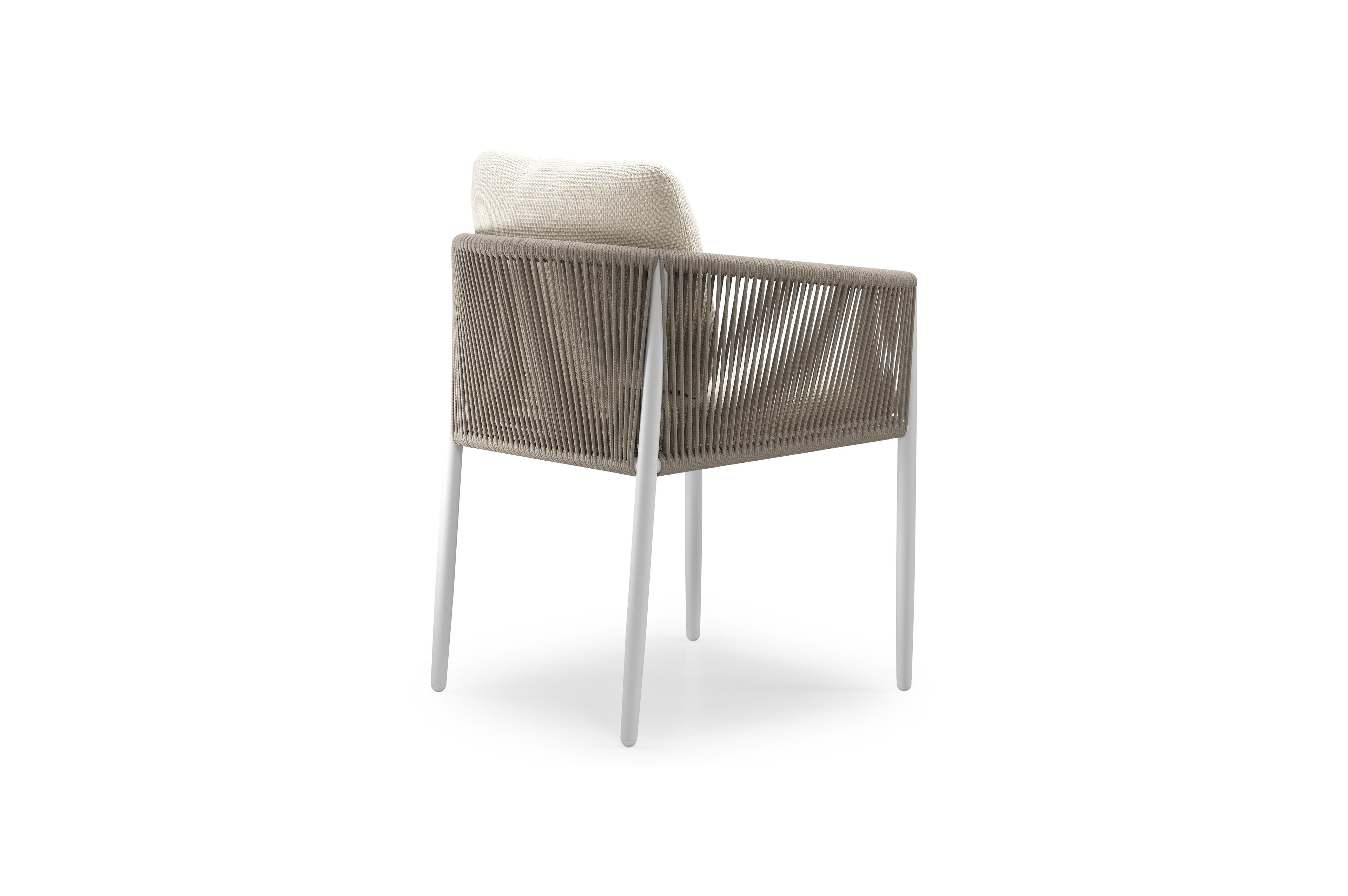 Organo tuinstoel in beige aluminium en beige verticaal geweven ronde rope met stoelkussen in All Weather Cosytica Althea Off White