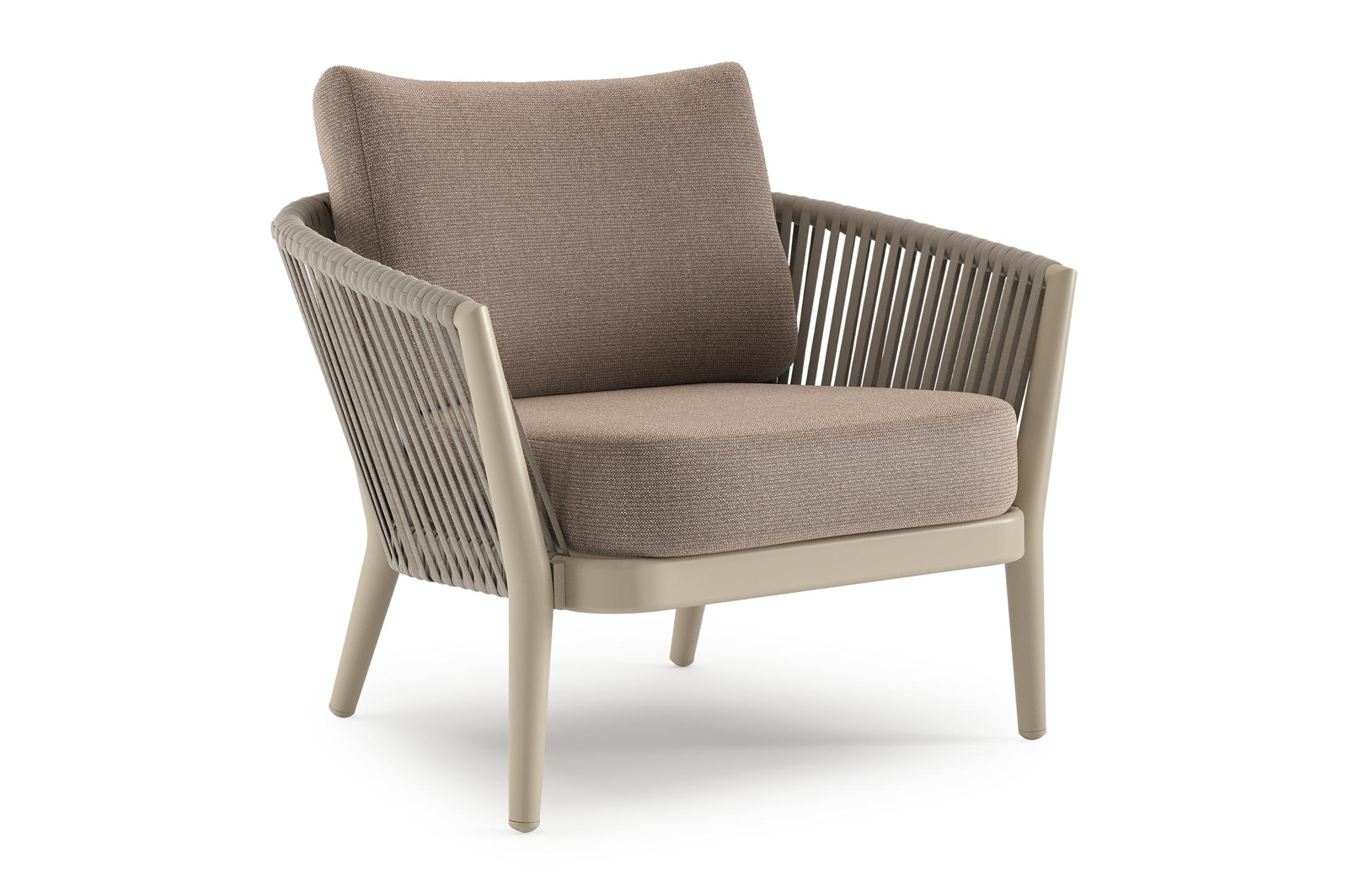 Orso loungestoel in beige aluminium en beige verticaal geweven luxe vlakke rope met Savane Earth all weather sunbrella® luxe kussen