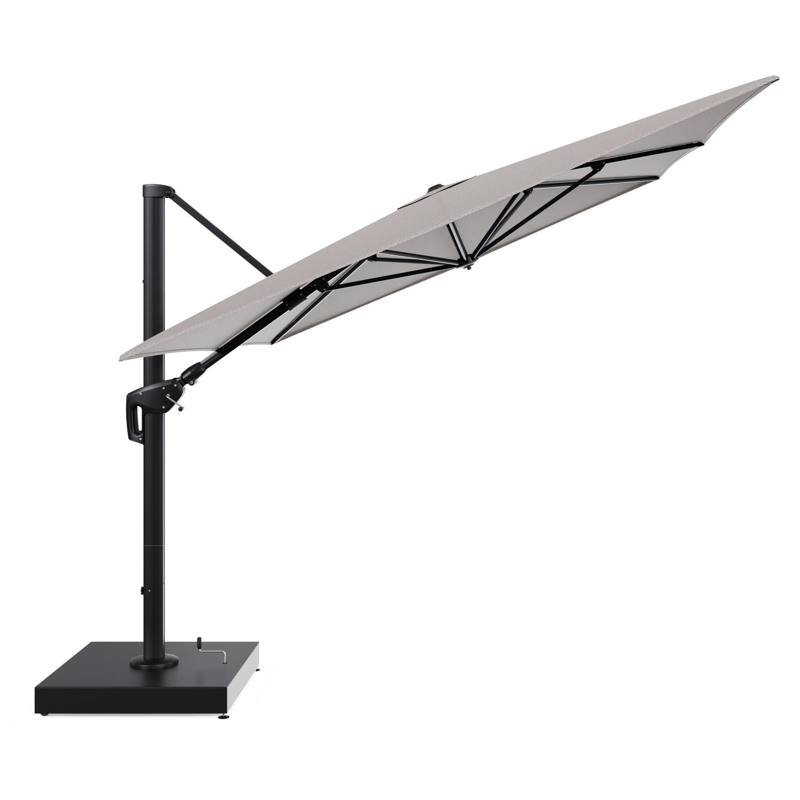 Minore zweefparasol met tiltfunctie in zwart aluminium en All Weather Sunbrella Luxe Wander Granite parasoldoek - L1 400 x L2 300 cm met parasolvoet Minore 260 kg met wielen