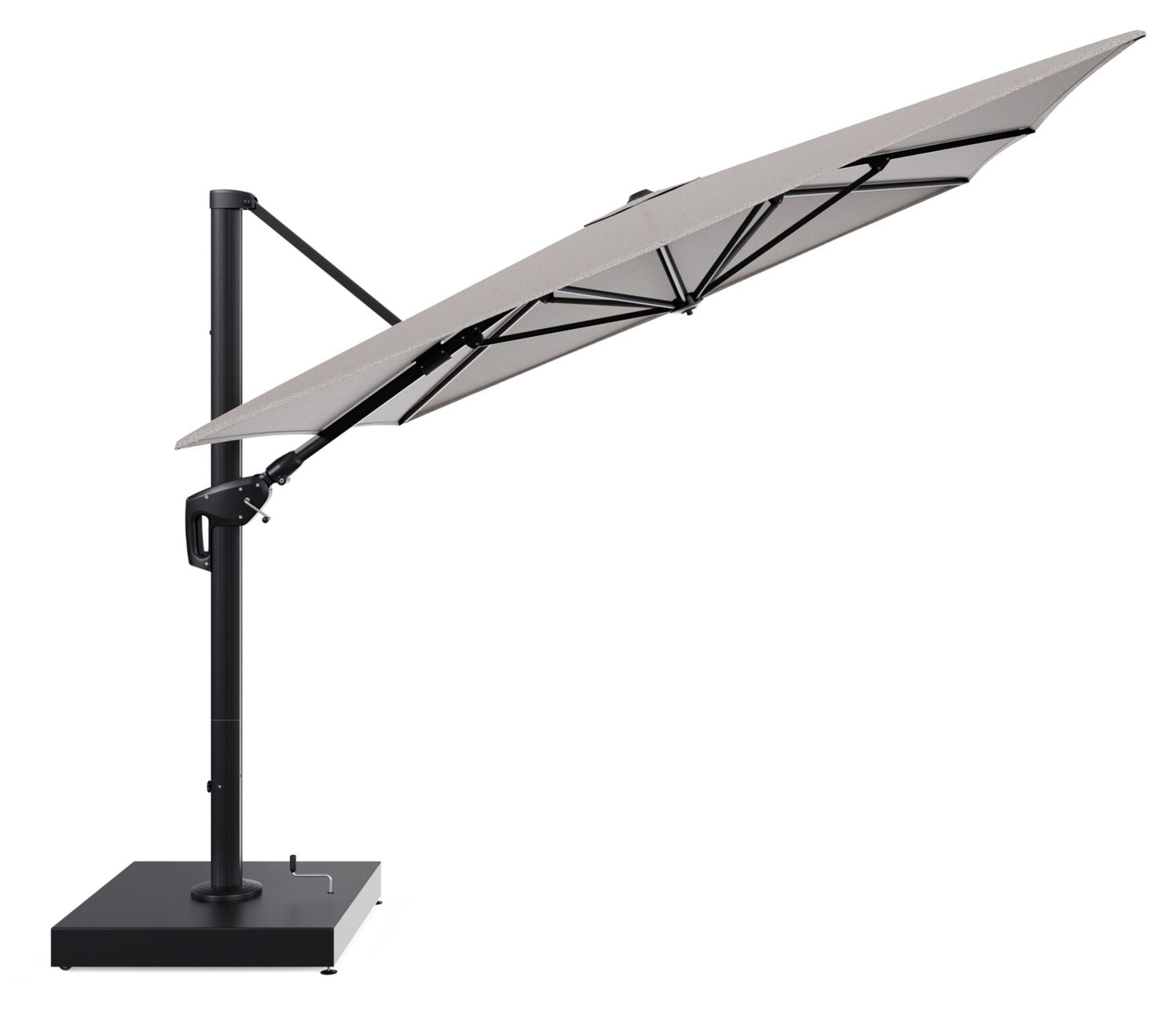 Minore zweefparasol met tiltfunctie in zwart aluminium en All Weather Sunbrella Luxe Wander Granite parasoldoek - L1 400 x L2 300 cm met parasolvoet Minore 260 kg met wielen