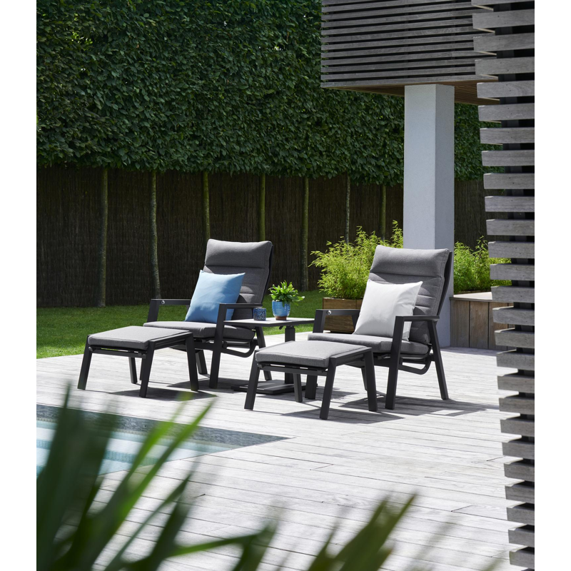 Salon de jardin Prato en aluminium noir avec coussins en weather+ textilène gris