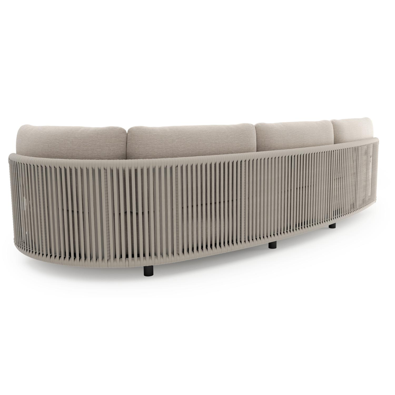 Canapé de jardin Lomano en aluminium noir et corde luxe plate tissée verticalement beige et coussins en all weather sunbrella® luxe slow farafra