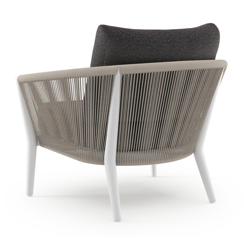 Fauteuil de jardin Orso en aluminium blanc en corde ronde tissée verticalement beige et coussins en all weather solica Firenze Tunder