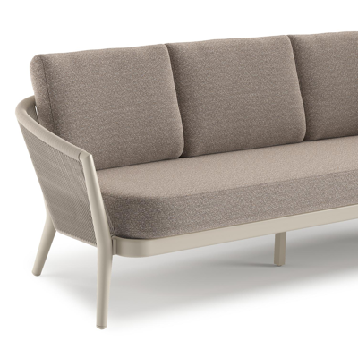 Canapé de jardin Orso en aluminium beige en corde ronde tissée verticalement beige et coussins en all weather sunbrella® luxe Wander Manioc