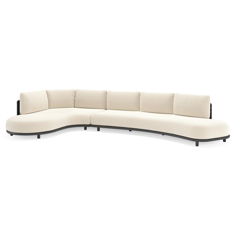 Salon de jardin d'angle Lomano en aluminium noir et corde luxe plate tissée verticalement noir et coussins en all weather cosytica althea off white