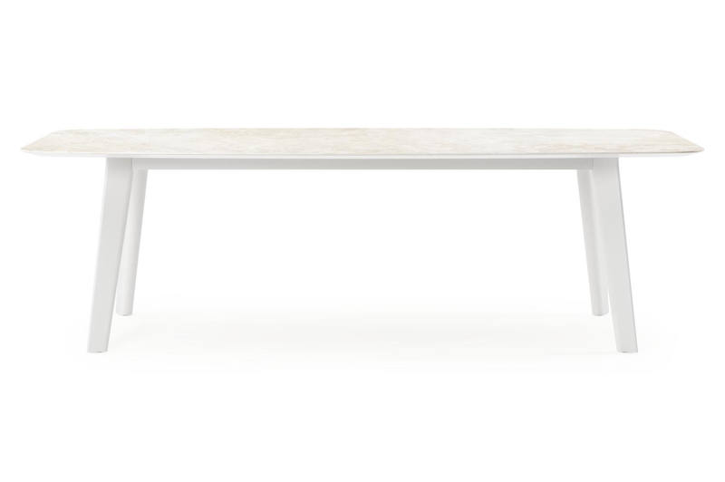 Table de jardin Lacirma forme de bateau en aluminium blanc et céramique pleine Rapolano Lg. 255 x Lrg. 115 cm