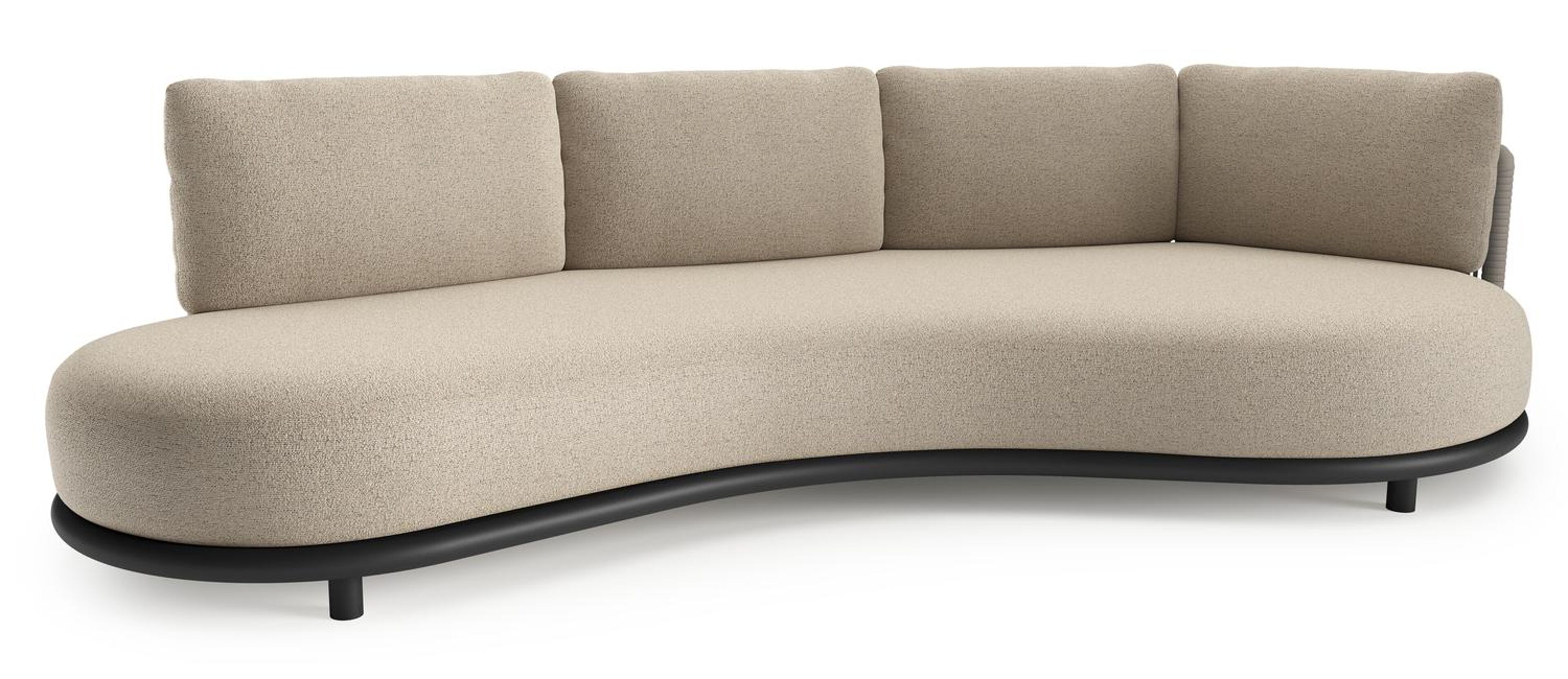 Lomano loungebank in zwart aluminium en beige verticaal geweven luxe vlakke rope met marbella beige all weather cosytica kussen