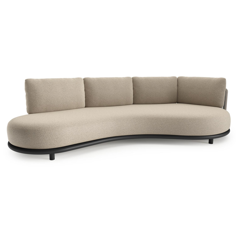 Lomano loungebank in zwart aluminium en beige verticaal geweven luxe vlakke rope met marbella beige all weather cosytica kussen