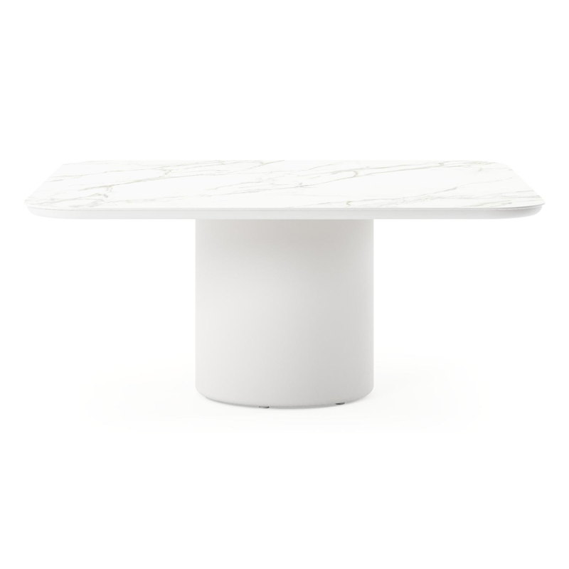 Amico low dining tuintafel afgerond vierkant in wit aluminium en volkeramiek Calacatta - L 148 x B 148 x H 61 cm