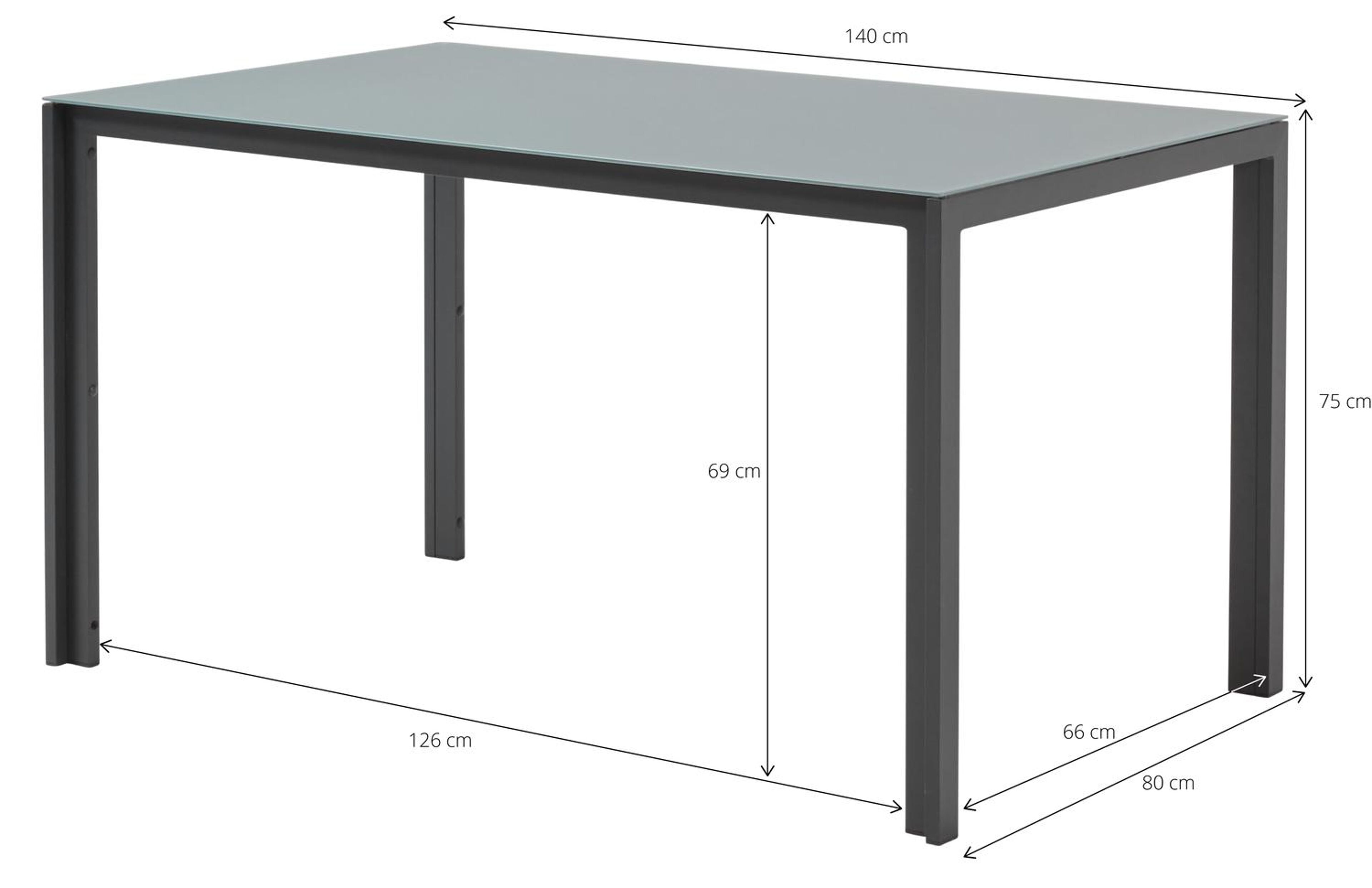 Caldela tuintafel in zwart aluminium en glas grijs - L 140 x B 80 x H 75 cm