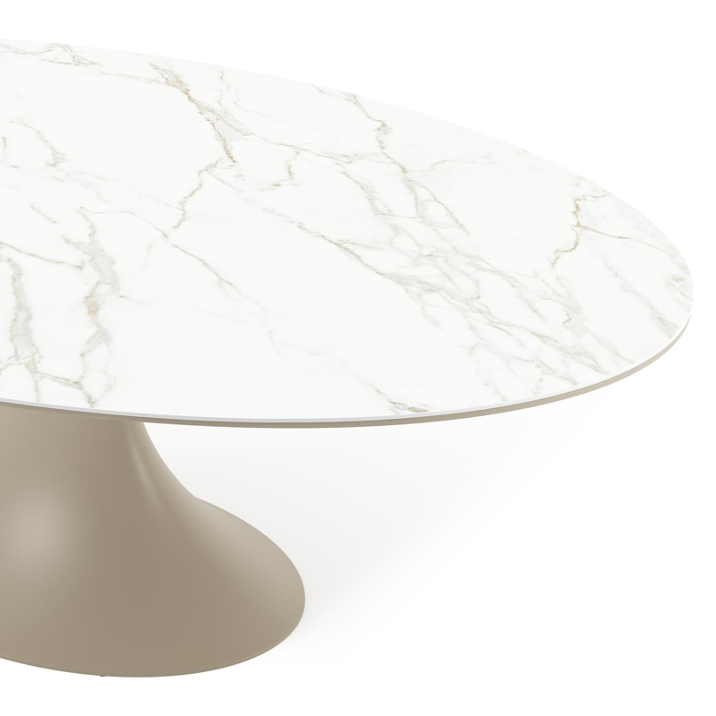 Table de jardin Fano ovale en aluminium beige et céramique pleine Calacatta - Lg. 240 x Lrg. 135 x Haut. 75 cm