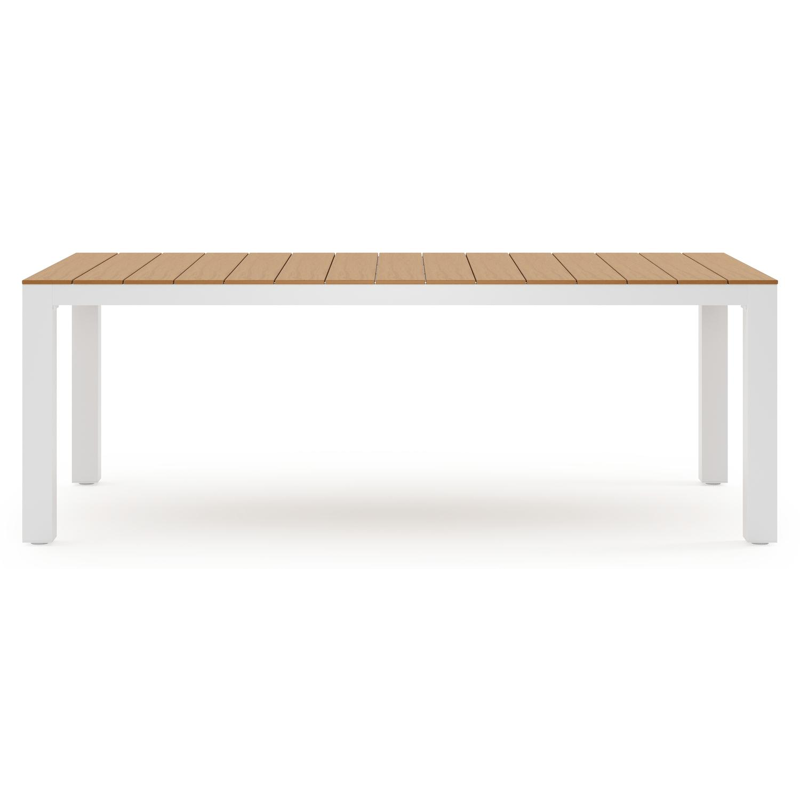 Ensemble de jardin Calzo en aluminium blanc avec plateau de table en polywood naturel et 8 chaises de jardin empilables Vigo