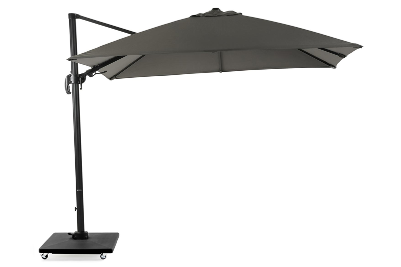 Avola zweefparasol met tiltfunctie in zwart aluminium met grijs sunbrella® premium parasoldoek - L1 300 x L2 300 cm (met voet)