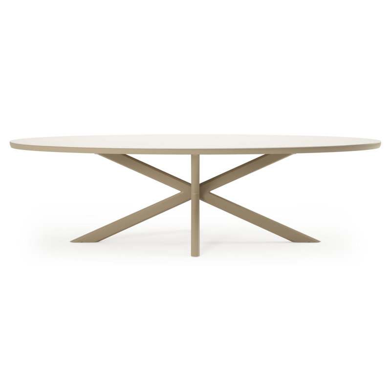 Pamplona tuinset in beige aluminium en crema minerale sintered stone met 8 Gerona tuinstoelen