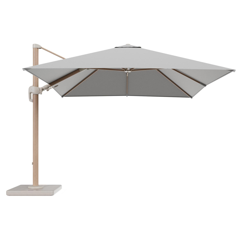 Rufina zweefparasol tiltfunctie in houtlook aluminium en parasoldoek in All Weather Sunbrella® Luxe Savane Nimbus - L1 300 x L2 300 cm met parasolvoet Lapido 120 kg