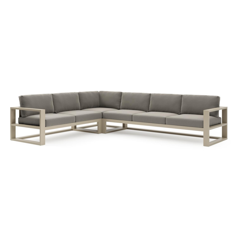 Verato loungehoek in beige aluminium met lopi charcoal all weather sunbrella® luxe kussen