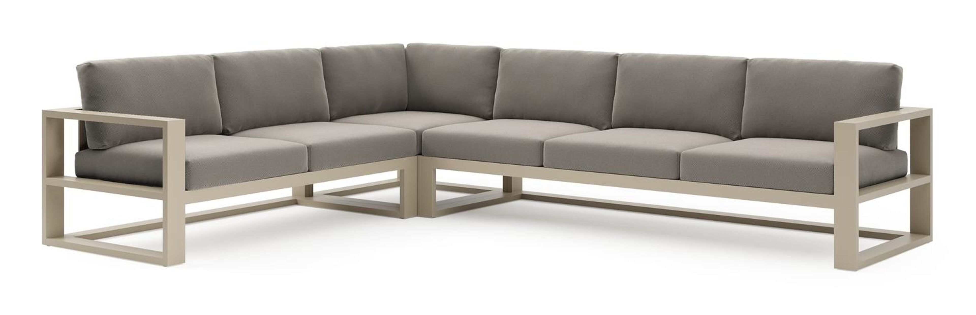 Verato loungehoek in beige aluminium met lopi charcoal all weather sunbrella® luxe kussen