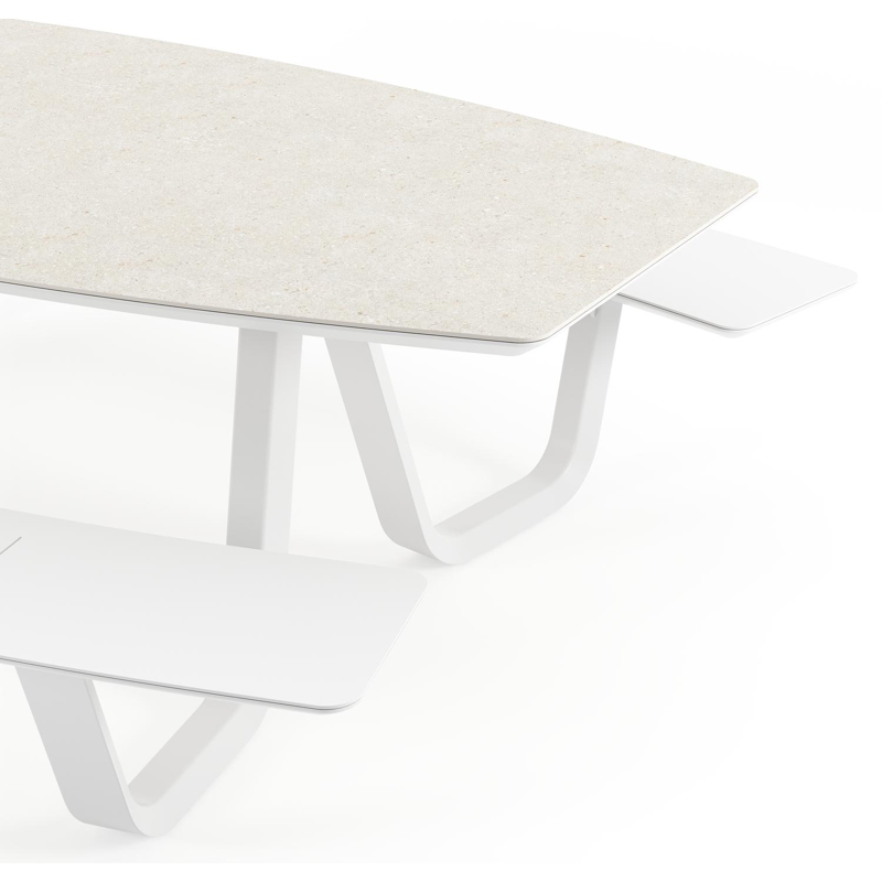 Table de pique-nique Forno forme de bateau en aluminium blanc et céramique pleine Shilin - Lg. 240 x Lrg. 181 x Haut. 72 cm