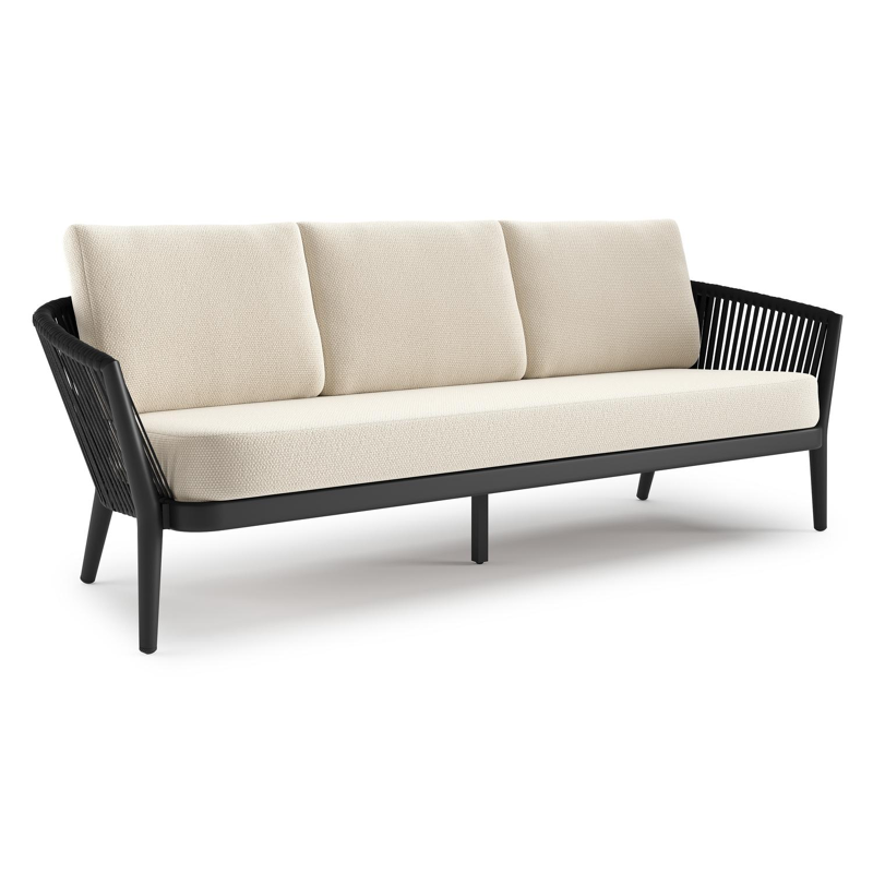 Orso loungebank in zwart aluminium en zwart verticaal geweven ronde rope met Althea Off White all weather cosytica kussen