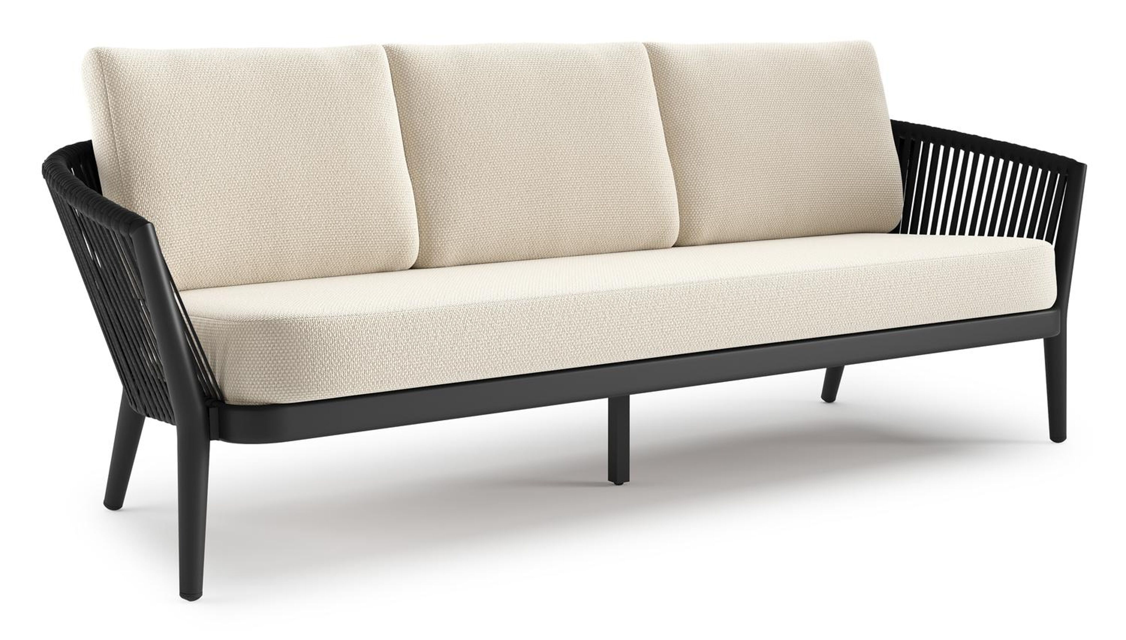 Canapé de jardin Orso en aluminium noir en corde luxe plate tissée verticalement noir et coussins en all weather cosytica Althea Off White