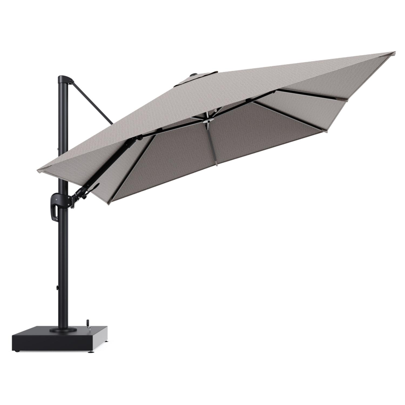 Rufina zweefparasol met tiltfunctie in zwart aluminium en Wander Granite All Weather Sunbrella® Luxe parasoldoek - L1 300 x L2 300 cm met parasolvoet Minore 150 kg met wielen