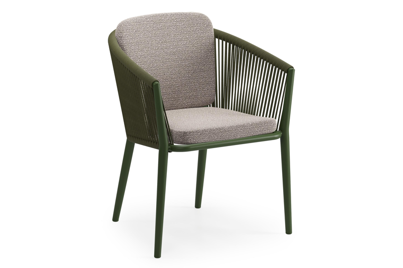 Orso tuinstoel in groen aluminium en groen verticaal geweven ronde rope met zitkussen in All Weather Sunbrella® Luxe Wander Granite