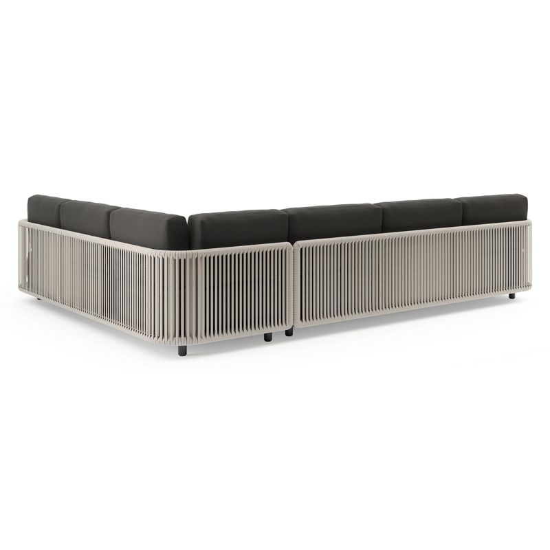 Organo loungehoek in zwart aluminium en beige verticaal geweven luxe vlakke rope met heritage char all weather Sunbrella® luxe kussen