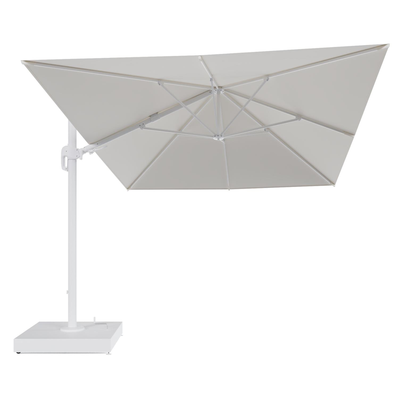 Parasol pendant Rufina avec fonction tilt en aluminium blanc et toile de parasol All Weather Sunbrella® Luxe Natte White - Lg.1 400 x Lg.2 300 cm avec pied de parasol Minore 260 kg avec roulettes